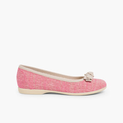 Linen Ballerina Pumps with Bow for Girls and Women Pink