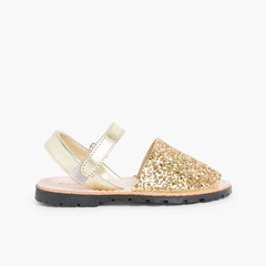 Glitter Menorcan Sandals with loop fasteners fastening Gold