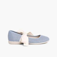 Linen Mary Janes With Beige Bow Airforce blue