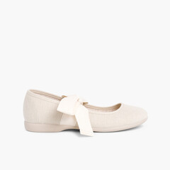 Linen Mary Janes With Beige Bow Off-White