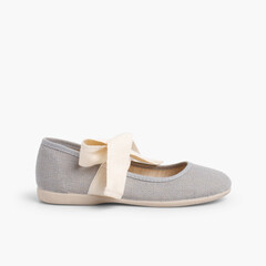 Linen Mary Janes With Beige Bow Grey