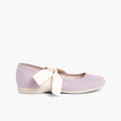 Linen Mary Janes With Beige Bow Mauve