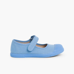 Canvas loop fasteners mary janes rubber toes Blue Klein