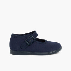Girls Buckle Up Canvas Mary Janes Navy Blue