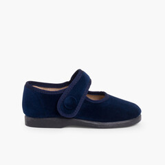 Girls Velvet Mary Janes with loop fasteners Button  Navy Blue