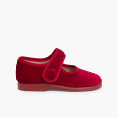 Girls Velvet Mary Janes with loop fasteners Button  Burgundy