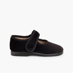 Girls Velvet Mary Janes with loop fasteners Button  Black