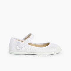 Girls Metallic Linen Mary Janes with loop fasteners White