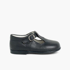 Leather Buckle Up T-Bar Shoes Navy Blue