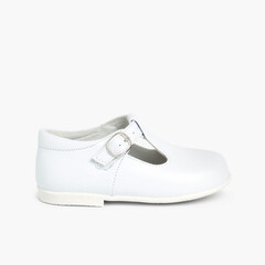 Leather Buckle Up T-Bar Shoes White