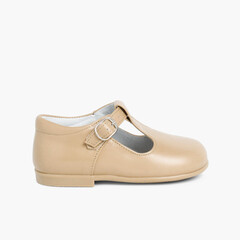 Leather Buckle Up T-Bar Shoes Camel
