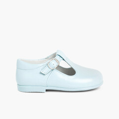 Leather Buckle Up T-Bar Shoes Sky Blue