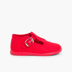 Canvas Buckle Up T-Bar Shoes Red