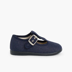 Boys Linen T-Bar Shoes with Buckle Navy Blue