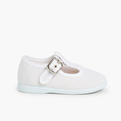 Boys Linen T-Bar Shoes with Buckle White