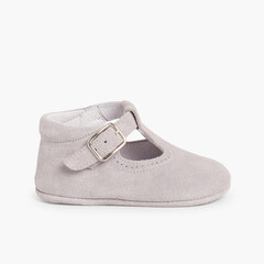 Suede T-Bar Shoes for babies with buckle Grey