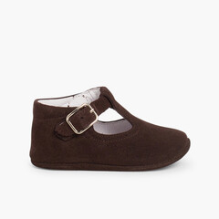 Suede T-Bar Shoes for babies with buckle Brown