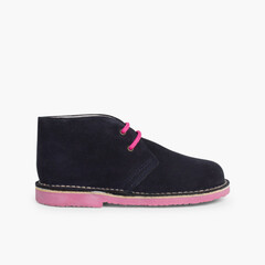 Safari Desert Boots with Coloured Laces  Navy Blue and fuchsia