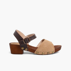 Suede Sandals Wood-like Soles Taupe