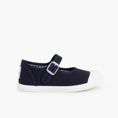 Girls Buckle Up Rubber Toe Cap Canvas Mary Janes Navy Blue