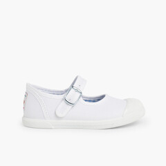 Girls Buckle Up Rubber Toe Cap Canvas Mary Janes White