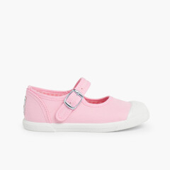 Girls Buckle Up Rubber Toe Cap Canvas Mary Janes Pink