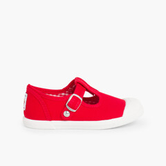 Boys T-Bar Canvas Shoes Rubber Toe Red