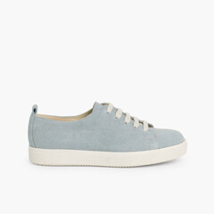 Split Leather Lace-up Trainers  Sky Blue