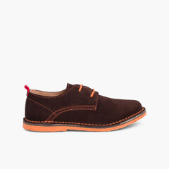 Suede Blucher Shoes with Coloured Outsole and Laces Brown