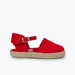 Girls Buckle Up Brogue Espadrille Wedge Red