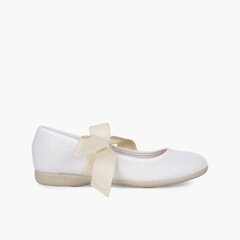 Linen Mary Janes With Beige Bow White