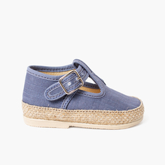 Linen and jute baby T-bar shoes with buckle fastening Navy Blue