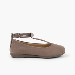  T-Bar Mary Janes with Glittery Strap Taupe