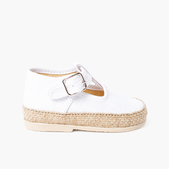 Linen and jute baby T-bar shoes with buckle fastening White