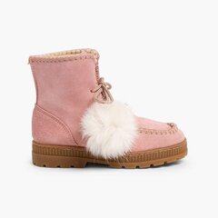 Boots with pompoms split leather girls Pink