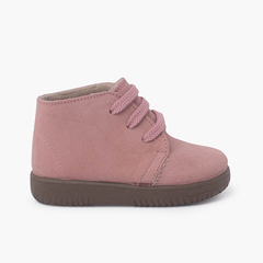 Kids Suede Boots with Coloured Laces and Stitchings Pink