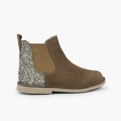 Girls Chelsea Boots with Glitter Taupe