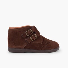 Suede and loop fasteners booties with decorative buckles Brown