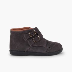 Suede and loop fasteners booties with decorative buckles Grey