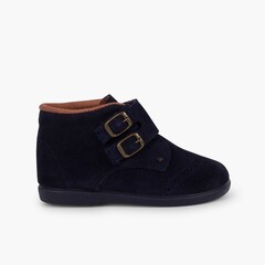 Suede and loop fasteners booties with decorative buckles Navy Blue