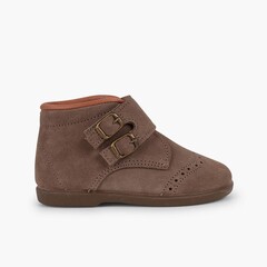 Suede and loop fasteners booties with decorative buckles Taupe