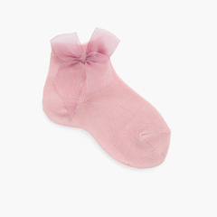Plain short organza bow socks Pale Pink
