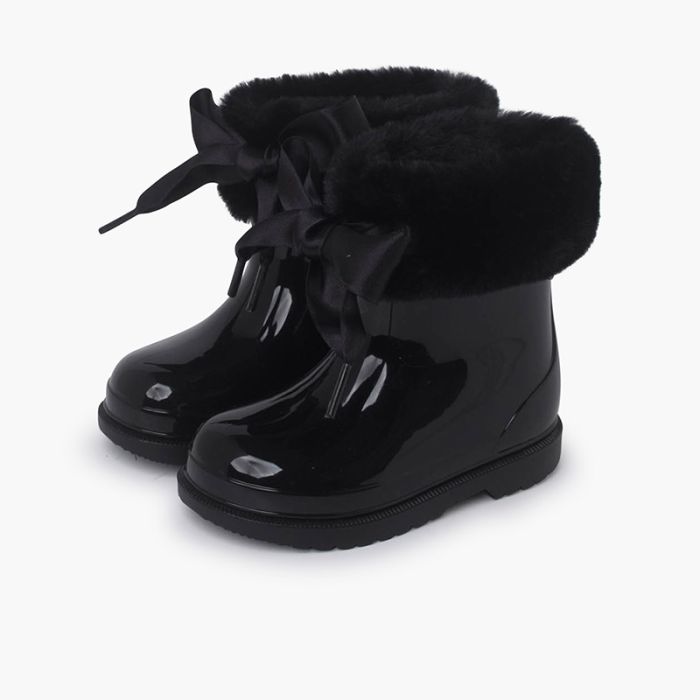 Satin bow and fur collar wellies