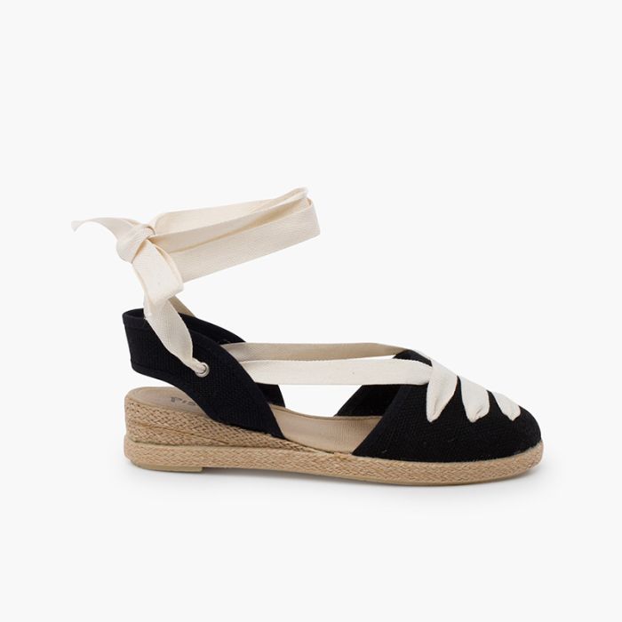 Goyesque linen espadrilles ecru ribbons and wedge