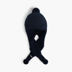 Beanie hat with scarf and pompoms Navy Blue