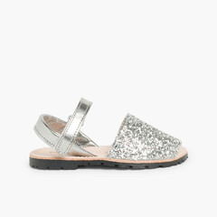 Glitter Menorcan Sandals with loop fasteners fastening Silver