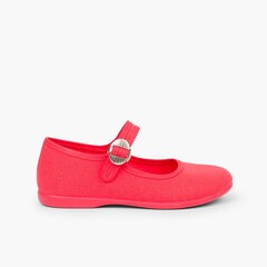 Canvas Mary Janes with Japanese buckle fastening Coral