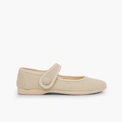 Girls' Linen Mary Janes with loop fasteners and Button Off-White