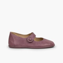 Girls' Leather Mary Janes with loop fasteners and Button Mauve