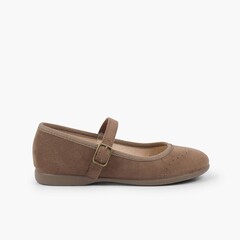 Perforated Serratex Buckle Mary Janes Taupe